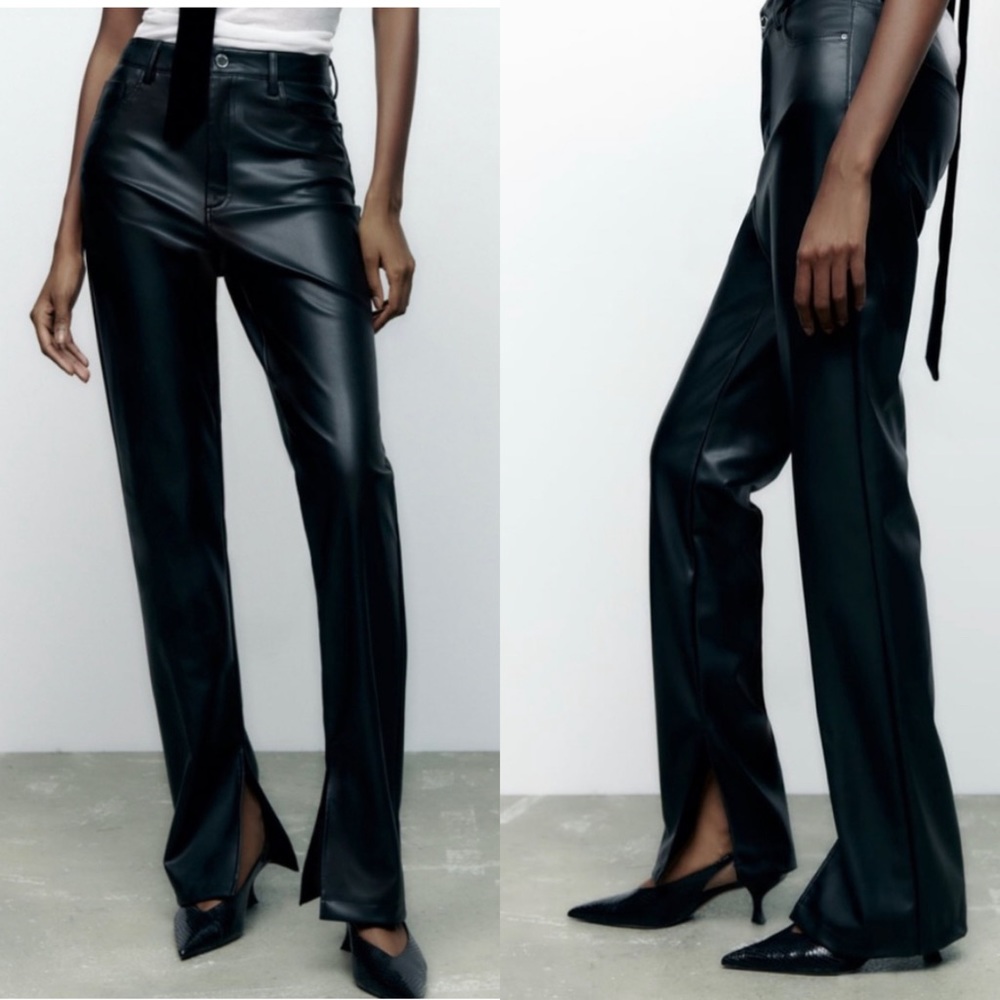 Zara Black Faux Leather Straight Leg Parted Ankle Pants - Picture 1 of 13